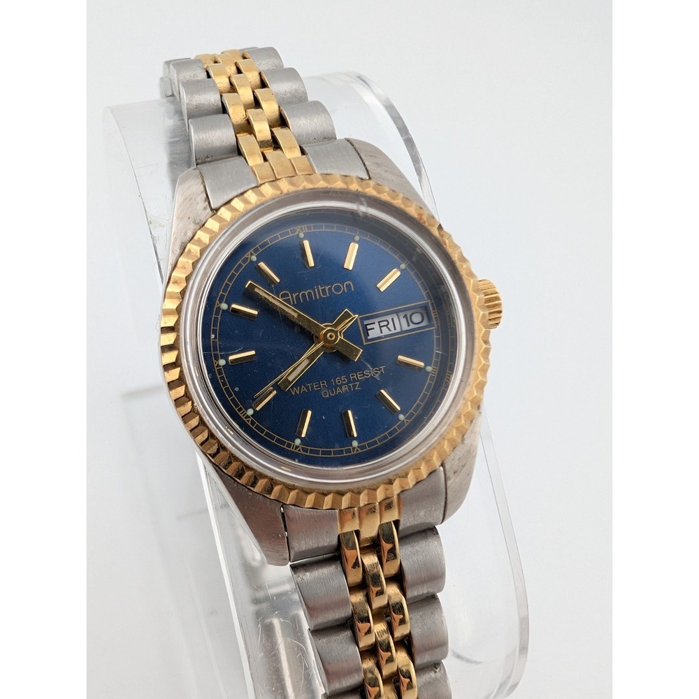 Armitron Watch Women 24mm‎ Case Blue Dial Two Tone 7" Band- New Battery